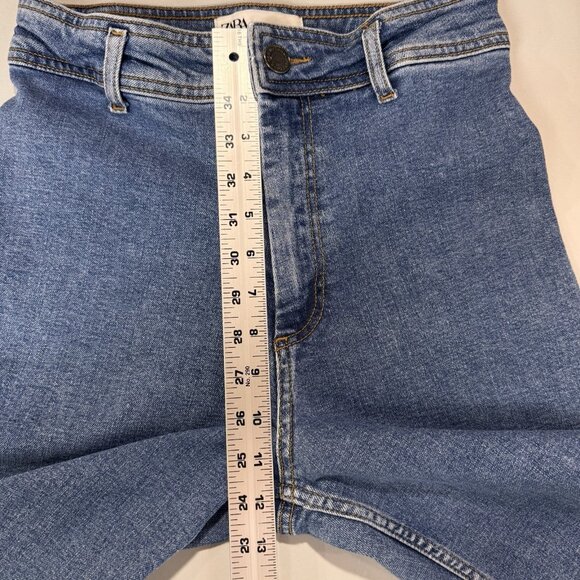 Zara Jeans Womens 6 Blue The Marine Straight Wide Leg High Rise Fray Hem Stretch - Picture 6 of 9